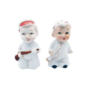 Ceramic Choir Boy Angel Baby Figures Pair Vintage w Instruments 2.75 Inch Japan